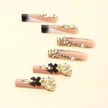 Black French Tip Fake Nails - Square False Nails With Gold 3D Butterfly Designs, Glitter Glue, Black Bow, Cute Stick On Nails For Women - 24Pcs - 長款-C5C22 - 查看 2