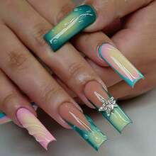 Long Square Press On Nails Green Ombre French Fake Nails Pink Ombre False Nails With 3D Star Designs Long Square Nail Press Ons Sparkly Glue On Nails Cute Stick On Nails For Women 24Pcs - 長款-C5C24 - 查看 1