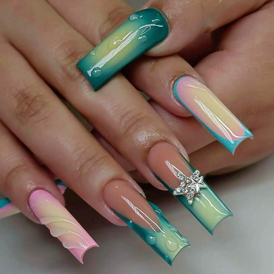 Long Square Press On Nails Green Ombre French Fake Nails Pink Ombre False Nails With 3D Star Designs Long Square Nail Press Ons Sparkly Glue On Nails Cute Stick On Nails For Women 24Pcs - 長款-C5C24 - 查看 1