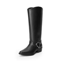 Women's Knee High Boots Side Zipper Chunky Heel  Western Shoes Classic Vintage Metallic Buckle Motorcycle Tall Boots For Autumn And Winter