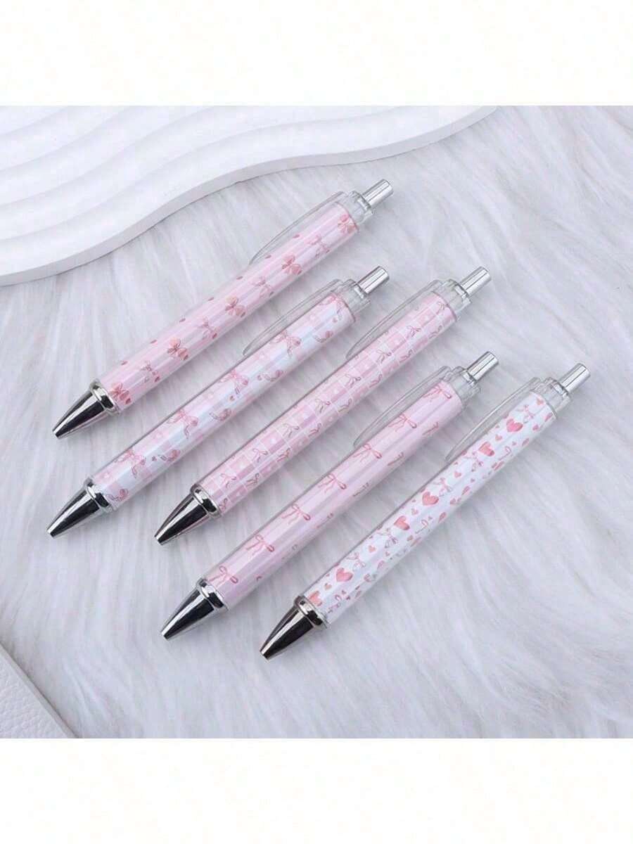 5/3/1 Pink Retractable Tip Pen Set - Cute Cartoon Design With Ring Print, Colorful Thank You Gift, Perfect For Office, School, Gift, Back To School Season