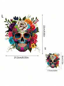 1pc/2pcs/3pcs Vibrant Day Of The Dead Floral Skull Iron-On Patch – Washable PVC Transfer For DIY T-Shirts, Jeans, Sweaters, Bags & Pillows – Colorful Sugar Skull With Flowers Design - Multicolor - View 3