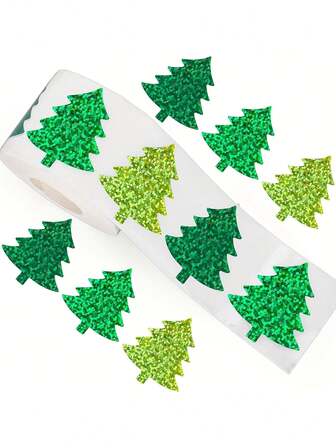 500 pezzi Rotolo di adesivi glitterati a forma di albero di Natale - Etichette festive in PVC autoadesive e brillanti, adatte per confezioni regalo, scrapbooking, biglietti - Forma asimmetrica, glitter verde e oro, adesivi natalizi, forniture per scrapbooking, design durevole, regalo di Natale