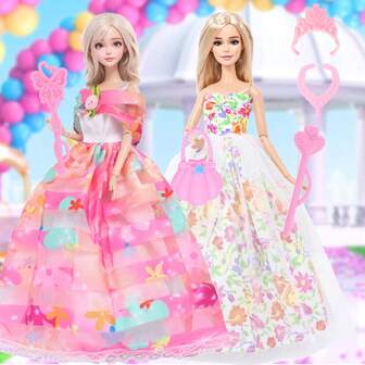 مجموعة ملابس دمية بطول 11.5 بوصة، مجموعتان من سلسلة الزهور الوردية - فساتين زفاف أميرة أنيقة وثوب حفلات مع قلادة وتاج وحقيبة، إكسسوارات الدمية، ألعاب تنكر الدمية للأطفال البنات، هدايا عيد الميلاد وحشوات جوارب عيد الميلاد (الدمية غير مشمولة)