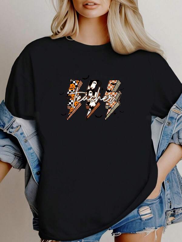 180g pure Cotton Retro Teacher Halloween Shirt //  Halloween Teacher Tee // Teacher Shirt // Halloween Shirts for Teachers // Lightening Bolt Halloween Stylish women Soft Comfortable designer clothes Versatile Slightly Breathable female streetwear Casual graphic