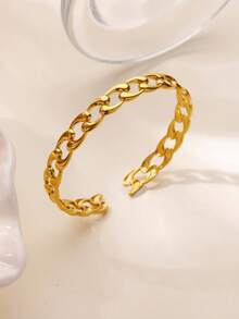 1 件经典链环袖口手镯，适合女士，18K 镀金不锈钢开口可调节手镯，简约时尚珠宝配饰，适合女士的礼物 - 金黃色 - 查看 3