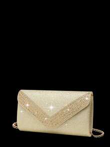 GZCS BAG 4 Pieces Rhinestone Jewelry Set Bling Necklace Earrings Bracelets Set For Sparkling Glitter Hot Diamond Elegant V-Shaped Flap Envelope Purse For Women Prom With Detachable Metal Chain For Wedding And Party Shoulder Bag For Women Clutch For Ladies Bag Women's Handheld Evening Bag Versatile Cocktail Wedding New Wallet Banquet Bag