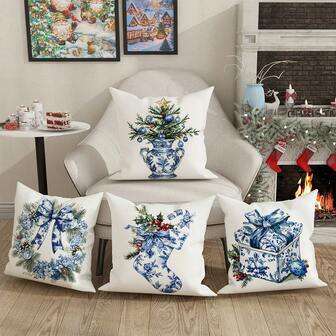 1pc Blue And White Porcelain Style Christmas Decorative Pillowcase Square Cushion Cover 45*45cm,Blue And White Pillowcase,New Blue And White Porcelain Cedar Vase, Blue And White Porcelain Christmas Socks, Blue And White Porcelain Gift Box, Blue And White Porcelain Christmas Ring And Other Pattern Style Soft Pillow Cover
