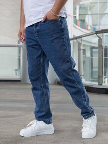 Jeans rectos casuales de unicolor para hombres - Azul lavado oscuro - Ver 4