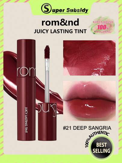 Rom&nd Romand Juicy Lasting Tint 21 DEEP SANGRIA 5.5g / 0.2 Oz, Lápiz labial líquido Romand, acabado brillante y jugoso, brillo labial coreano, de larga duración, MLBB, hidratante, muy pigmentado, maquillaje natural y claro, tinte labial diario, K-Beauty, REGALO