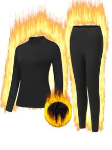 1Set Women's Black High Neck Thermal Lingerie Set Fashion Design Fitted Cold-Resistant Warm Wear Comfortable Stretch Autumn And Winter Gifts