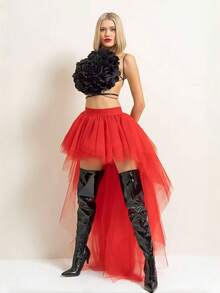 1pc Women's Asymmetric Hem Fishtail Skirt, Black/White/Red, Layered Tulle Skirt, Gothic Style, 4-Layer Tulle + 1 Lining, Plus Size Floor Length Skirt, Stage Performance Skirt Fall Clothes For Women