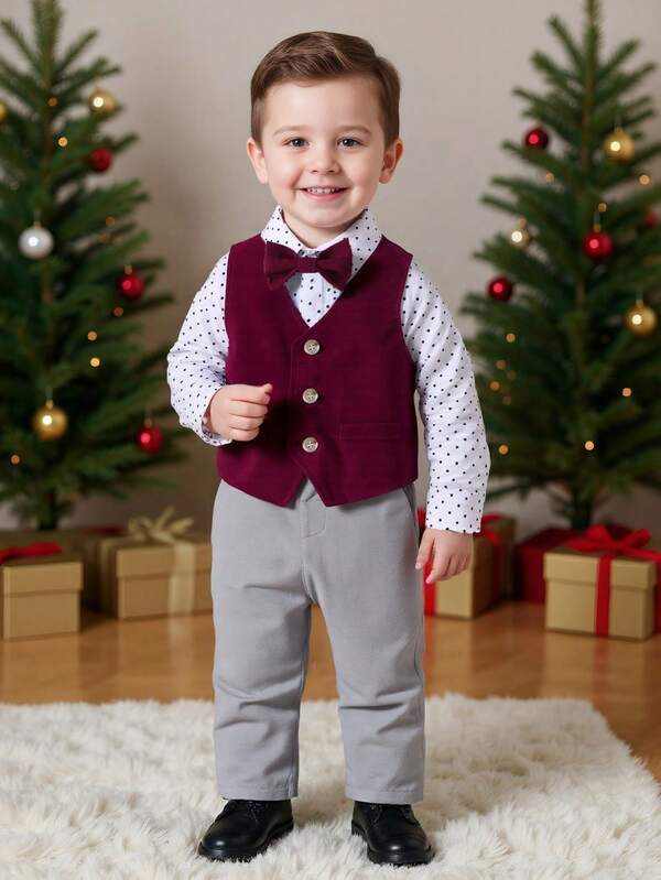 BOARNSEORL 3 قطع طقم ملابس رسمية للأولاد الرضع: قميص بأكمام طويلة، صدرية مزينة بفراشة عنق، وبنطلون بوردو، أنيق للاحتفال بعيد الميلاد، الزفاف، والذكرى السنوية