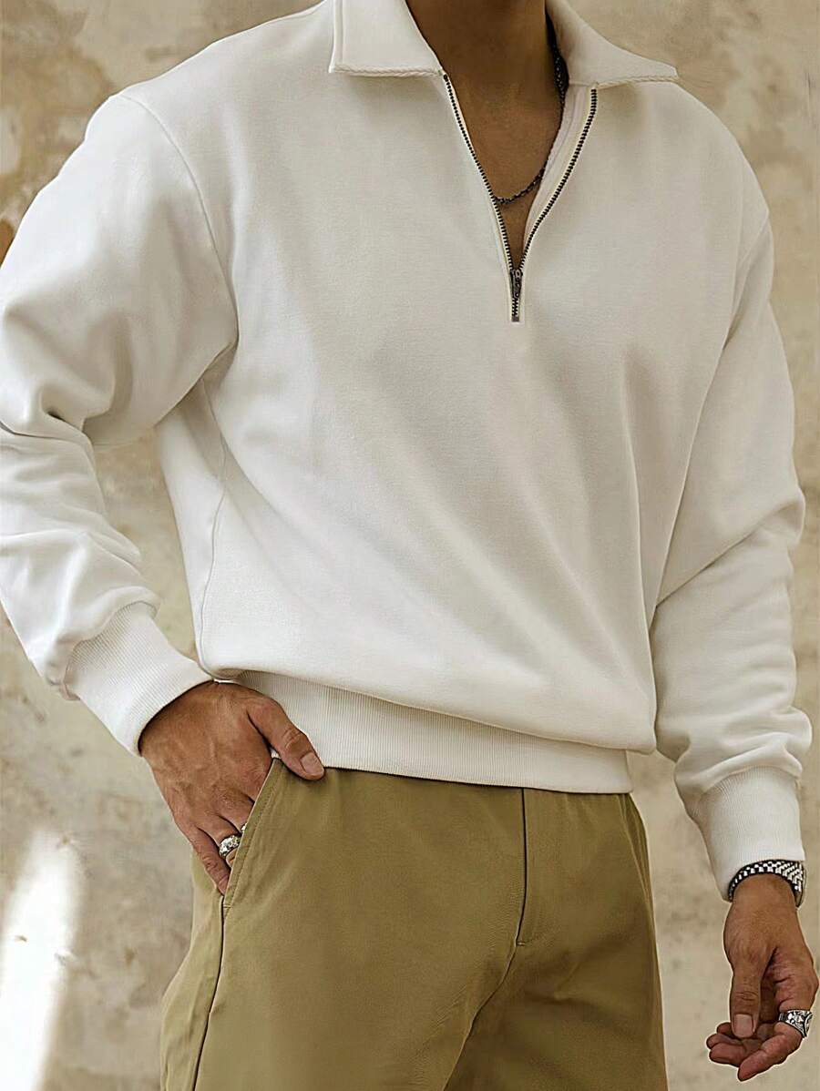 Men's Autumn/Winter Half Zip Polo Collar Quarter Zip Sweatshirt, Loose Fit Casual Solid Color Retro Sports Pullover