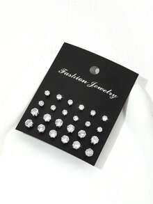 48 piezas Pendientes de botón con circonita cúbica geométrica redonda y cuadrada brillante, estilo simple punk y hip hop, set grande, adecuado para fiesta, festival, cita, regalo y uso diario - Multicolor - Ver 16