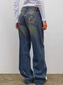 Blugi de damă Y2K toamna, casual, de zi cu zi, spălați, cu mustăți de pisică, cu buzunare în spate, leopard, cu stele, patchwork, cu picior drept