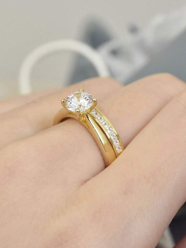 AIHUASI 2pcs/Set Elegant 925 Sterling Silver Yellow Gold Color Wedding Rings Bridal Set For Women 6.5*6.5mm 1.0 Carat Brilliant Dazzling Round Cut AAAAA Cubic Zirconia Solitaire Engagement Ring Fine Jewelry Valentines Gift - Yellow Gold - View 4