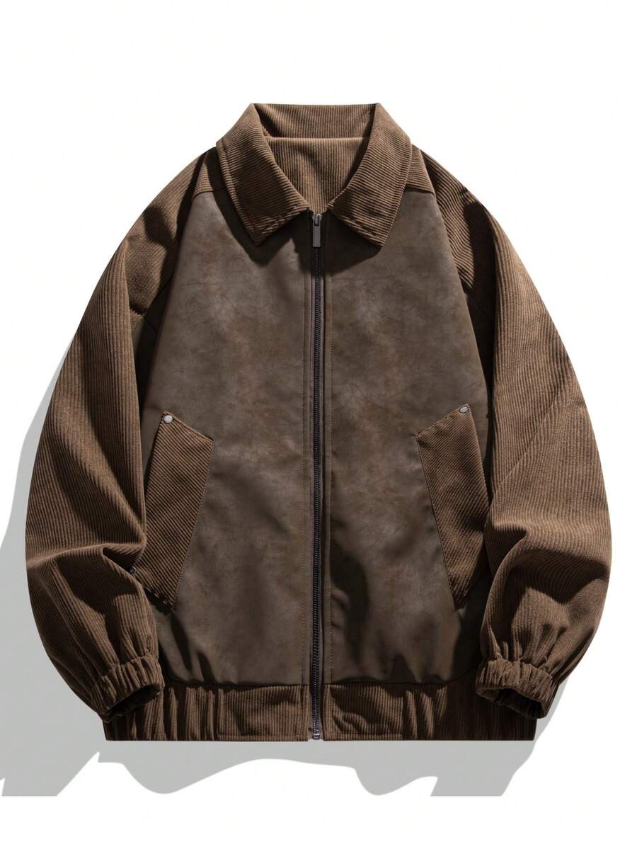Men's Leather Jacket, Lapel Motorcycle Jacket, Loose Fit Leather Windbreaker, Fall - Coffee Brown - View 1