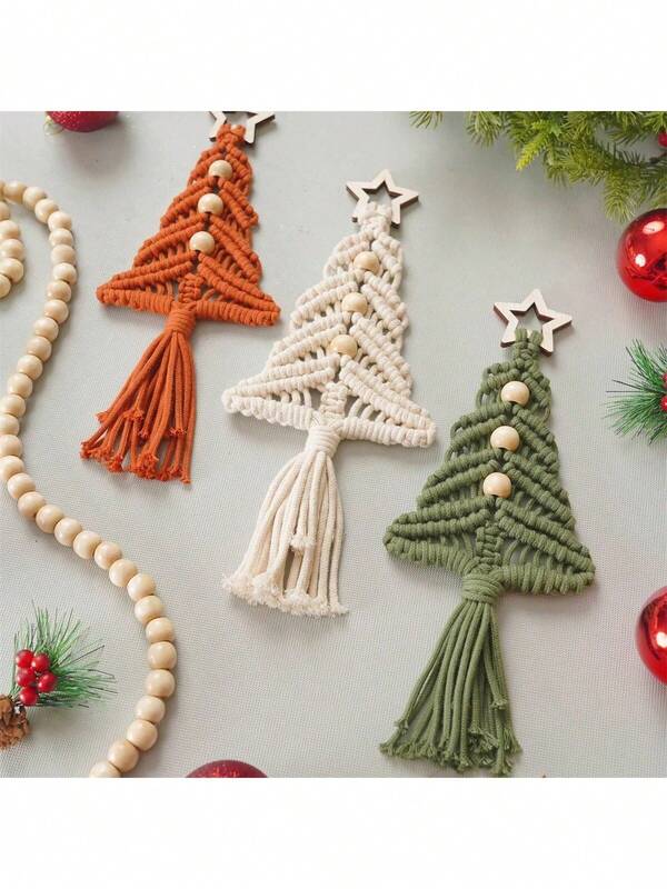 1pc Green & Red Christmas Decor Hanging Ornament, Handwoven Boho Style Christmas Tree Pentagram Ornament, Christmas Tree Hanging Decoration, Holiday Gift