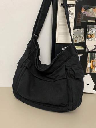 Large Capacity Shoulder Bag, School Style Messenger Bag For Middle/High School/College Students, Casual Vintage Washed Canvas Crossbody Bag With Multiple Pockets, Foldable Soft Cloth Bag, Black Shopping Bag Canvas Tote Bag Laptop Bag