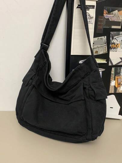 Large Capacity Shoulder Bag, School Style Messenger Bag For Middle/High School/College Students, Casual Vintage Washed Canvas Crossbody Bag With Multiple Pockets, Foldable Soft Cloth Bag, Black Shopping Bag Canvas Tote Bag Laptop Bag