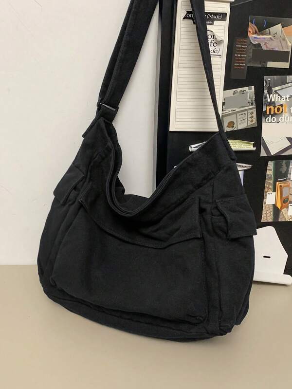 Large Capacity Shoulder Bag, School Style Messenger Bag For Middle/High School/College Students, Casual Vintage Washed Canvas Crossbody Bag With Multiple Pockets, Foldable Soft Cloth Bag, Black Shopping Bag Canvas Tote Bag Laptop Bag