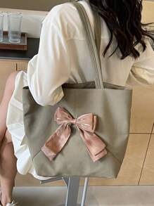 1 件橄榄绿大容量可爱蝴蝶结装饰尼龙女士单肩托特包，适合日常使用、通勤、轻便、多功能、学院风、大学生、短途旅行、购物袋 - 墨綠色 - 查看 6