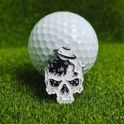 Vintage Skull Golf Ball Marker Clip, Metal Cast Embossed Texture, Distressed Finish, Sturdy Clip That Won't Fall Off