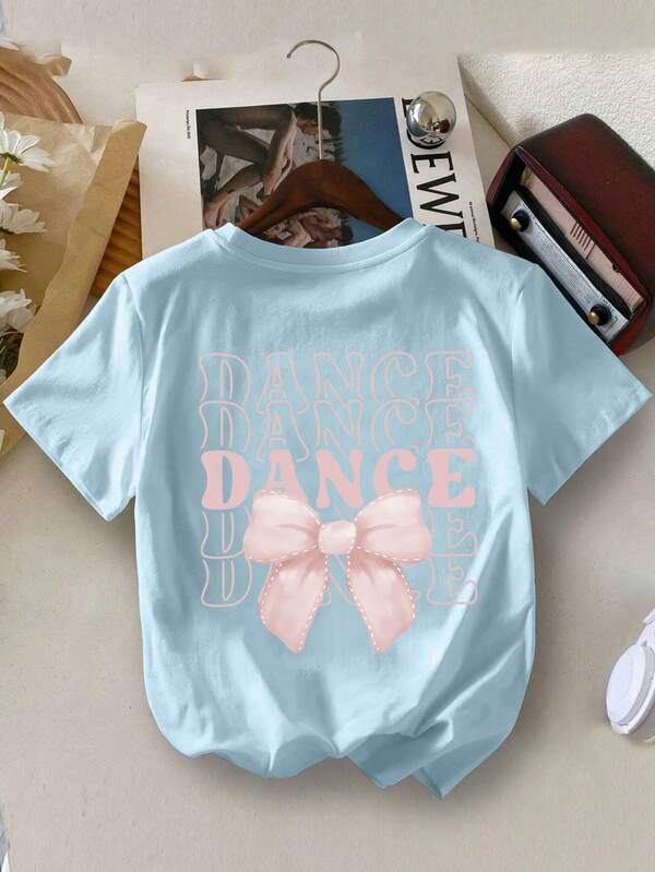 Girls' Bow & Slogan Print Round Neck Short Sleeve T-Shirt, Casual Style For Spring/Summer