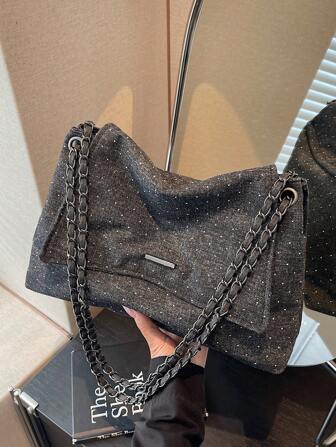 全新时尚休闲纯色牛仔布亚克力水钻镶嵌金属链条提手翻盖女士单肩包