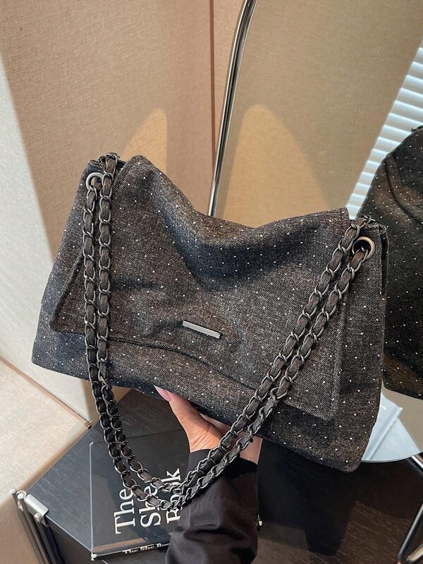 Neue Mode Lässig einfarbige Denim Stoff Acryl Strass eingelegt Metall Kette Griff Klappe Frauen Umhängetasche