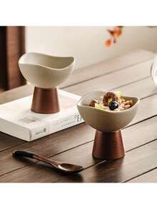 1 كوب آيس كريم سيراميك سميك ذو قاعدة خشبية عالية بطراز رجعي، وعاء حلوى عالي الجودة مناسب للزبادي والشوفان والمشروبات الحليبية والفواكه، مناسب للمنزل والمطعم والتجمعات الخارجية وحفلات عيد الميلاد والمناسبات