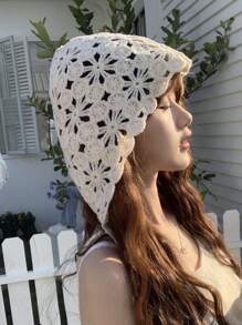 1pc Lightweight Decorative Crochet Hollow Out Tasseled Beanie Hat, Polyester Fiber Material, Fashionable Accessory For Women, Suitable For Summer Sun Protection, Boho Style, Mother-Daughter Matching Outfit
