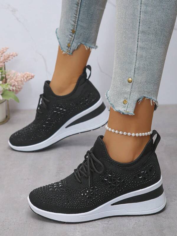 Fall/Winter Women's New Sports Style Lace-Up Rhinestone Outdoor Wedge Thick Bottom Casual Sneakers, Breathable Comfortable Running Shoes, Outdoor Travel Shoes, Suitable For All Seasons
