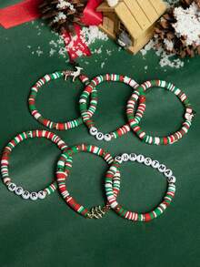 Set da 6 braccialetti con ciondoli in argilla polimerica a tema natalizio: renne, pupazzo di neve, albero di Natale, adatti per uomo e donna, regalo per feste