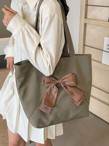 1 件橄榄绿大容量可爱蝴蝶结装饰尼龙女士单肩托特包，适合日常使用、通勤、轻便、多功能、学院风、大学生、短途旅行、购物袋 - 墨綠色 - 查看 5