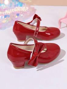 Glossy Red Kids Mary Jane High Heels, Large Bow Tie Strap Low Chunky Heel Girls Dress Shoes, Suitable For Weddings, Birthdays, Parties - Red - View 3