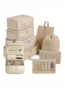 9 件套旅行行李打包袋收纳袋，可收纳洗漱包、化妆包、内衣、鞋子和衣物，分类收纳袋，旅行背包旅行包行李箱旅行装备旅行必备品，返校搬家袋收纳袋 - 彩色 - 查看 3