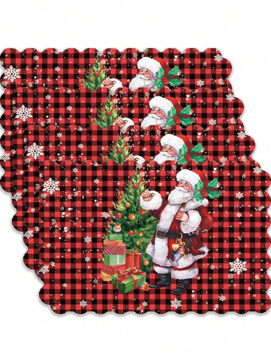 2pcs/4pcs Creative Christmas Party Linen Insulated Mat With Wavy Edge Non-Slip 12*18 Inch Heat Resistant For Christmas Holiday Farmhouse Family Gathering And Party Decoration Placemat