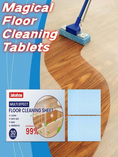 Ein Set mit 30 konzentrierten, wasserlöslichen Bodenreinigungstabletten - Haushaltsreinigungstabletten mit Geruch zum Entfernen von Flecken. Sie sind geeignet für Keramikfliesen, Holzböden, Badezimmerausstattung und Autoflächen und zeichnen sich durch Löslichkeit und Biologische Abbaubarkeit aus.