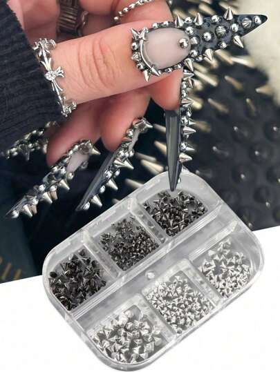 6Grid Y2K 3D Metallic Rivet Punk Nail Art Charms,1 Box 3D Goth Punk For Nails Silver Black Cone Spike Studs Nail Art Jewels Alloy Mini Rivet Studs Nail Supplies Nails Accessories DIY Crafts Decorations