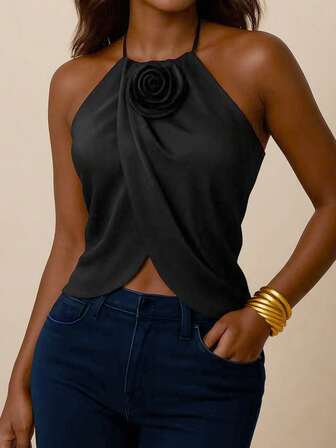 Solid Color Backless Sexy Applique Criss-Cross Adjustable Slit Sleeveless Top