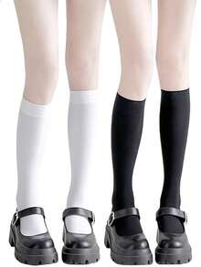 1/2/3 Peças Meias Dupla Face, Meias Femininas, Preto + Branco, Meias Modeladoras de Panturrilha com Pressão Leve, Meias de Comprimento Médio, Meias Estilo JK, Meias Esportivas, Adequadas para Uso Durante Todo o Ano, Estilo Y2k