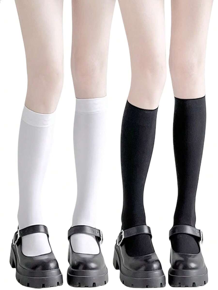 1/2/3 Peças Meias Dupla Face, Meias Femininas, Preto + Branco, Meias Modeladoras de Panturrilha com Pressão Leve, Meias de Comprimento Médio, Meias Estilo JK, Meias Esportivas, Adequadas para Uso Durante Todo o Ano, Estilo Y2k