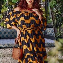 Plus Size Off-Shoulder Cinched Waist 3/4 Sleeve Floral Print Dress