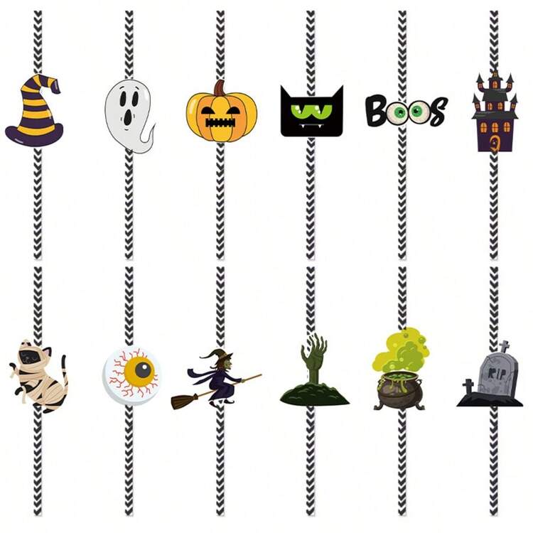24 Counts Halloween Paper Straws,12 Accessory Patterns,Suitable For Family Gatherings, Holiday Parties And Daily Use - Multicolor - View 3