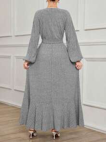 Đầm dệt kim dài tay phồng, cổ tròn, thắt eo, viền bèo nhún dành cho nữ cỡ lớn, thanh lịch cho mặc hàng ngày, mùa xuân/thu, thích hợp cho lễ Eid, các buổi họp mặt năm mới và đi làm/đi chơi thường ngày. - Xám - Xem 2