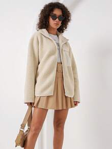 Fashionable Autumn/Winter Casual Fleece Zip Pocket Long Sleeve Jacket For Women - Cream - View 2