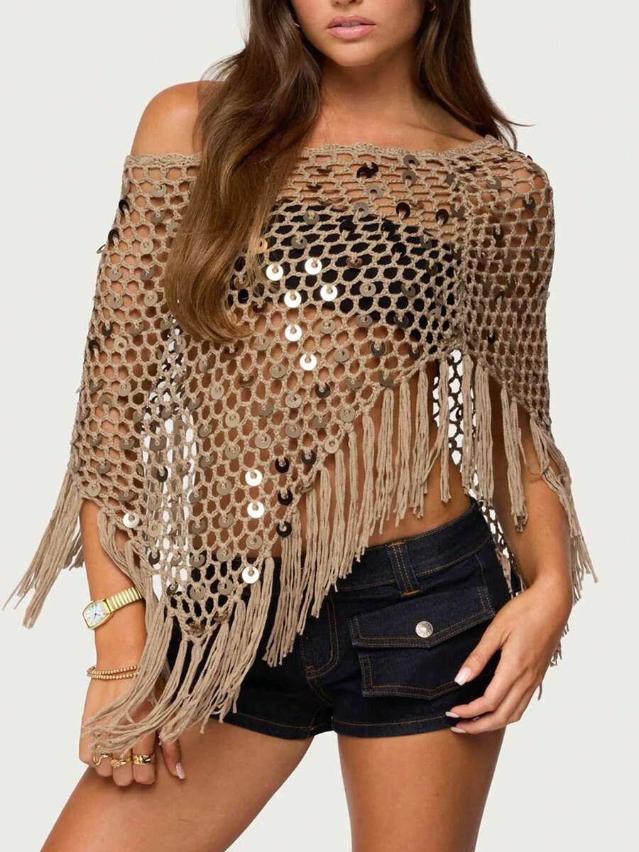 Women Sequin Knit Poncho Fringe Hem Off Shoulder See-Through Crochet Cape Sheer Shrug Lightweight Beach Cover Ups - 棕色 - 查看 1