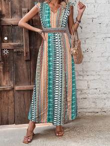 Women Summer Side Split Dress Flying Sleeve V Neck Pattern Print Dress For Party Club - 孔雀藍 - 查看 3